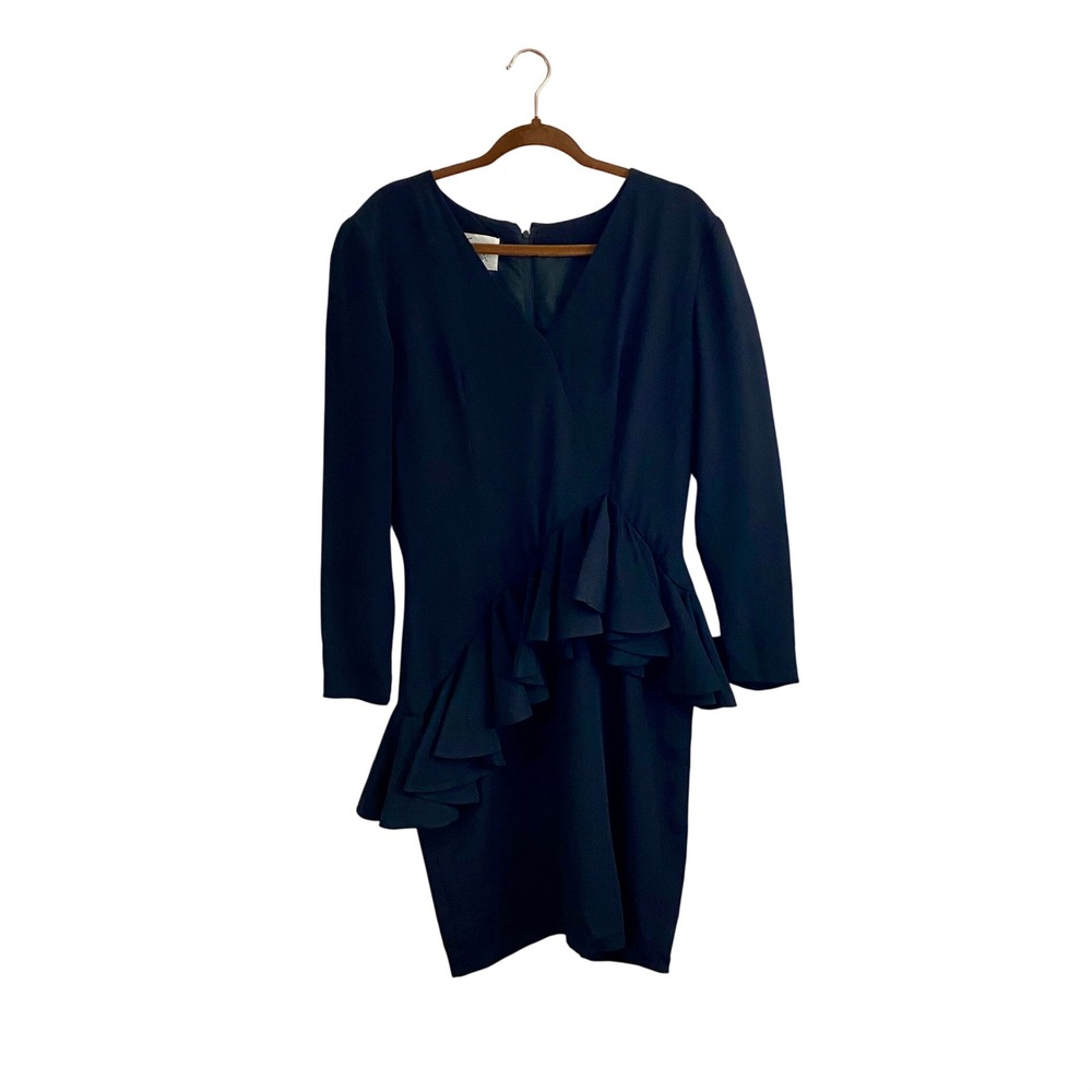 Vintage Travilla Black Asymmetric Ruffle Drop Waist Cocktail Dress Size 10 FLAW